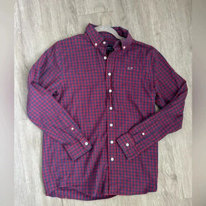 Vineyard Vines Shirt Boys 16 Large Button Up Gingham Plaid Whale Red White